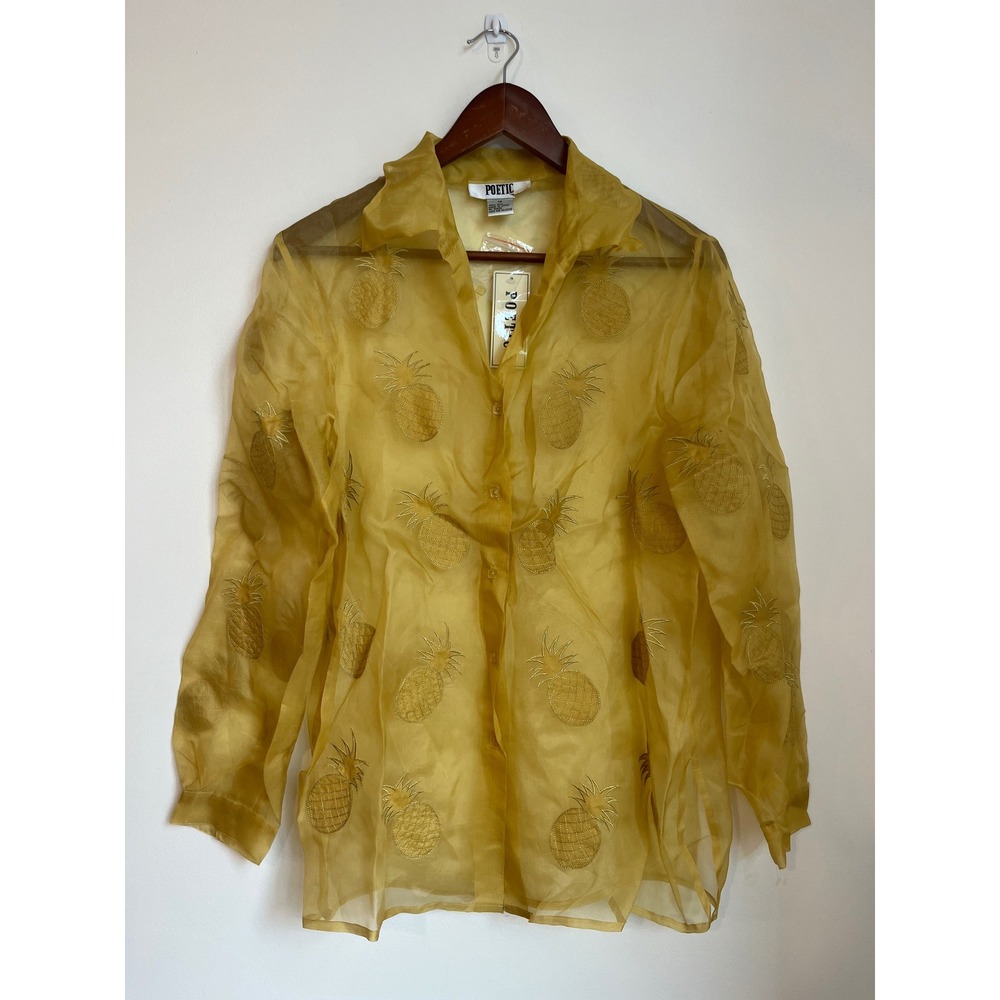 POETIC Sheer Silk Pineapple Print Button Shirt Women Sz 12 Yellow‎ Gold NWT Luau